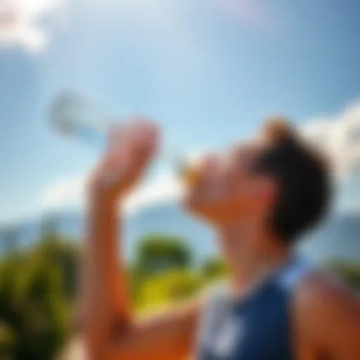 A person drinking water from a clear bottle while exercising outdoors in a sunny environment.
