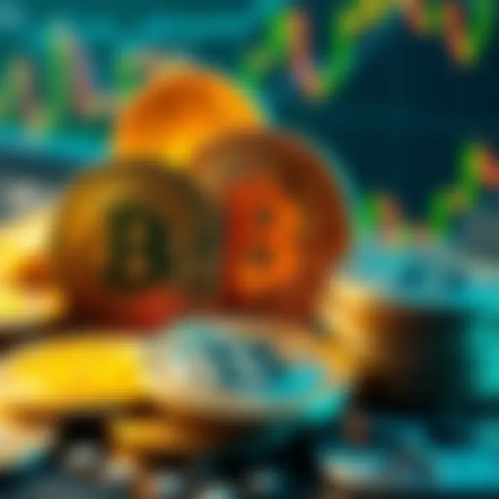 A visual comparison between IBIT and Bitcoin with cryptocurrency coins and charts in the background