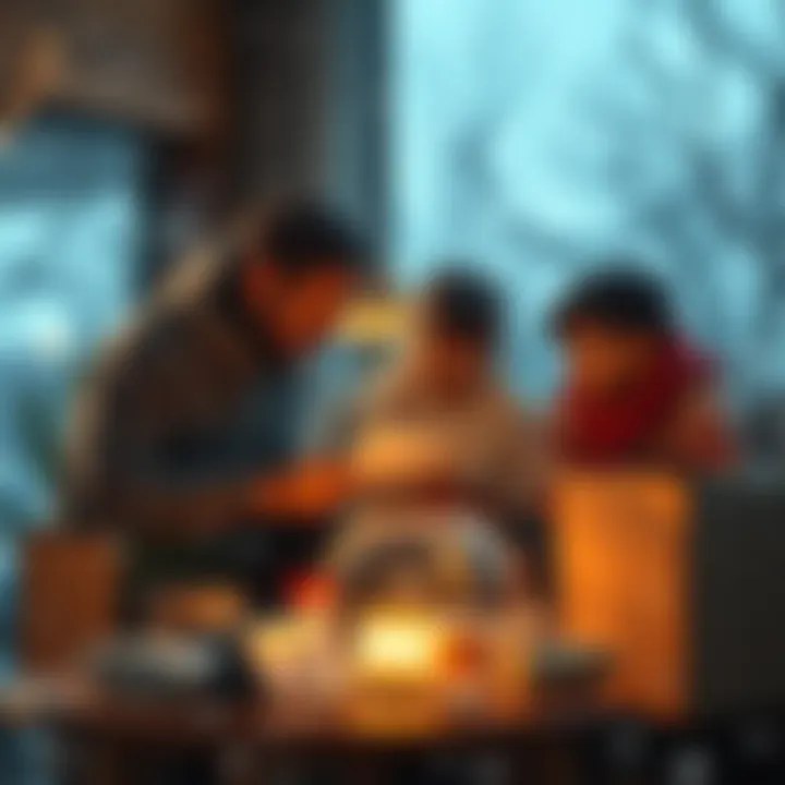 Icy Weekend Preparation A family preparing for a cold weekend by checking supplies and staying warm indoors, with snow falling outside