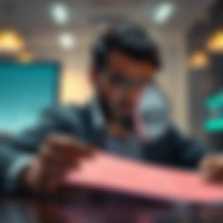 A person examining a document with a magnifying glass, looking for signs of a scam, such as unusual fees or fake logos.