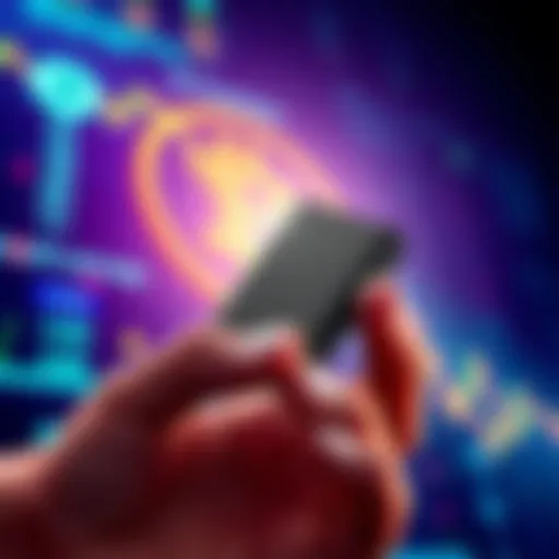 A person holding the imKey Pro Bluetooth wallet, showcasing its sleek design and secure features, with a digital background representing cryptocurrency transactions.