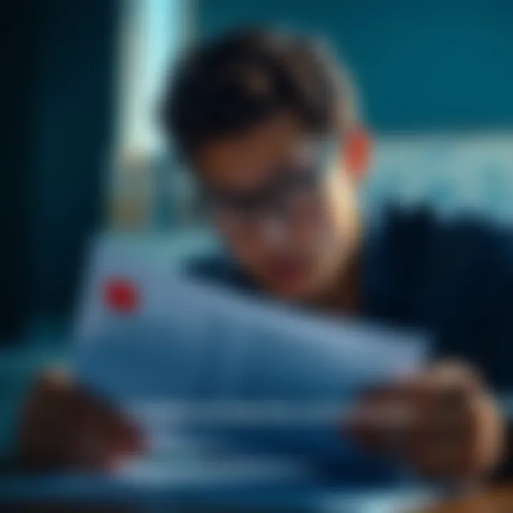 A person looking concerned while reviewing a document with a red mark indicating an error