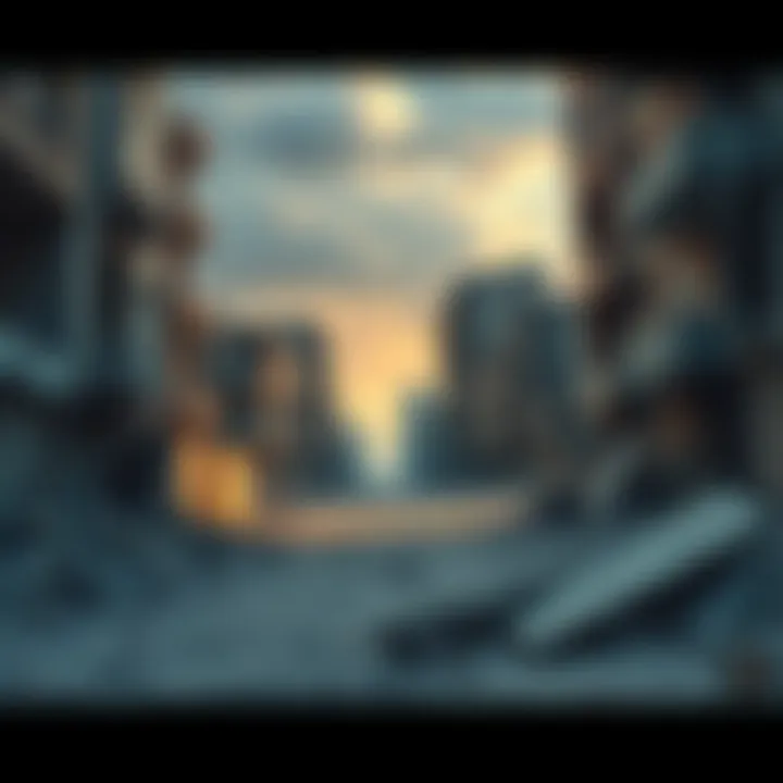A broken city street with debris and abandoned buildings, symbolizing the aftermath of conflict and its lasting effects on communities.