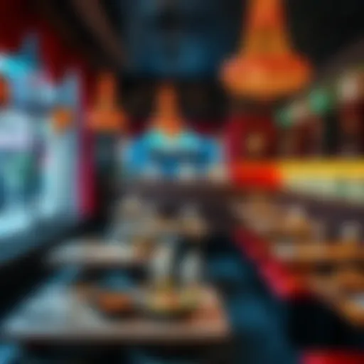 A cozy Indian restaurant setting with traditional decor, featuring colorful dishes on tables.