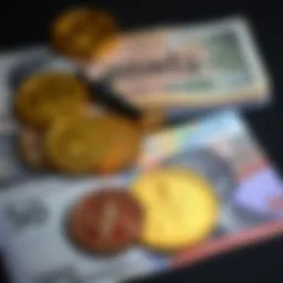 A collection of coins and banknotes featuring Indigenous designs, showcasing cultural heritage and art.
