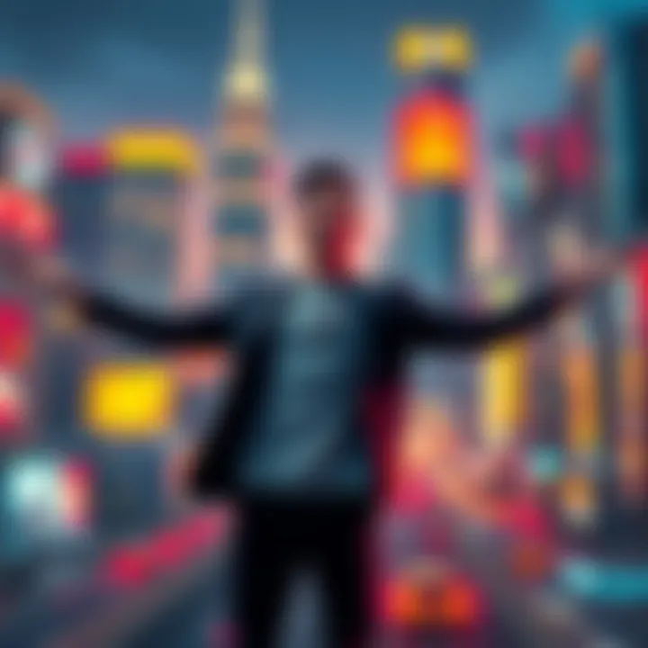 Individual Empowerment A person standing confidently with open arms in a vibrant cityscape, symbolizing personal freedom and autonomy in a modern world.