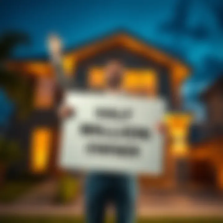 A person joyfully holding a sign that says 'Half Million Owner' while standing in front of a modern home, symbolizing financial achievement after six months of hard work.