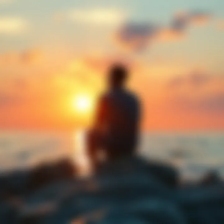 A person reflecting on their uniqueness A person sitting on a rock by the sea, looking thoughtful and contemplative, with a sunset in the background symbolizing individuality.