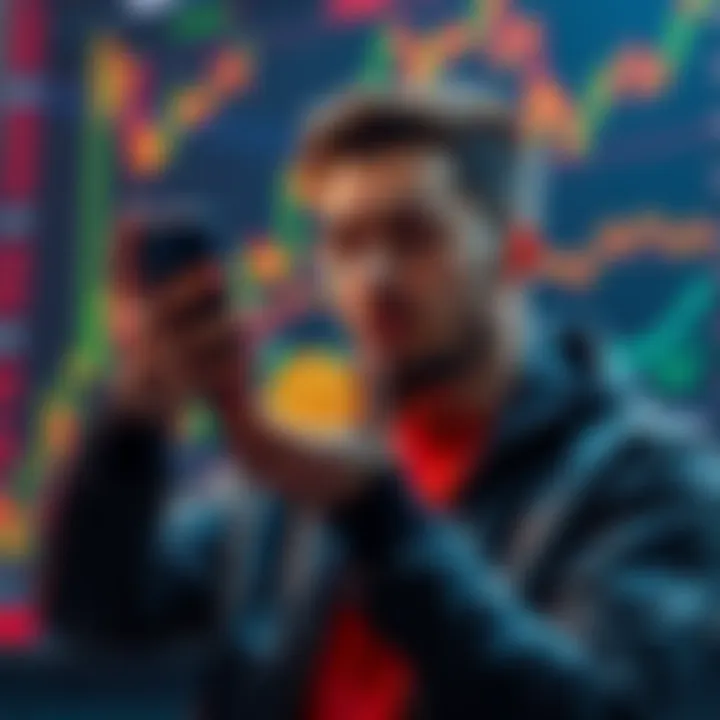 An influencer holding a smartphone with Bitcoin graphics, expressing concern over market decline, surrounded by declining stock charts.