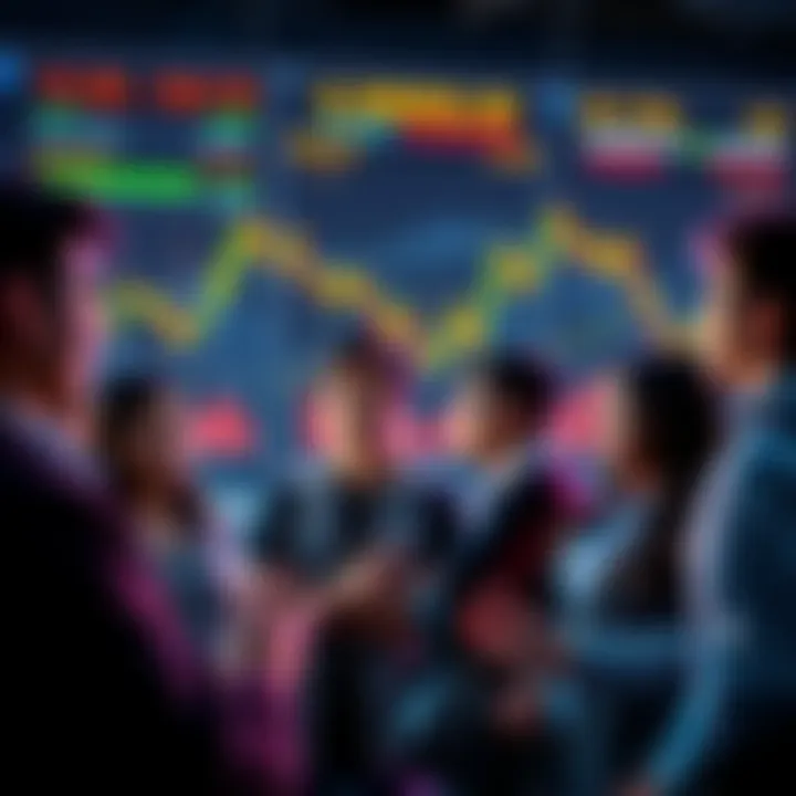 Group of influencers discussing strategies in front of a crypto market display, showing a mix of emotions like concern and excitement over Polymarket's alleged actions