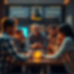 Group of influencers gathered around a table discussing bitcoin, showing expressions of doubt and skepticism