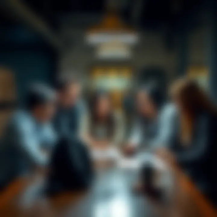 A team of diverse professionals collaborating around a table with a laptop, discussing a new practical application for industry improvement.