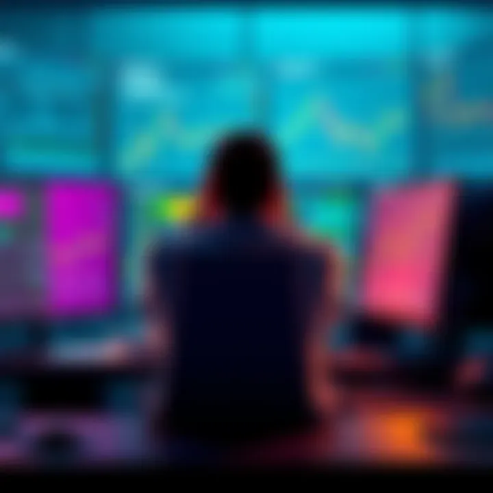 A developer at a desk looks frustrated while working on a trading dashboard, surrounded by screens displaying various blockchain data including graphs and charts.