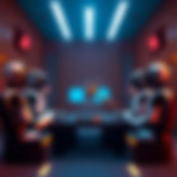 Internet Court for AI Dispute Resolution A digital courtroom scene with AI agents represented as robots discussing a case, with a gavel symbolizing arbitration in the center