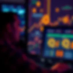 A person looking at a computer screen with Bitcoin symbols and investment options displayed