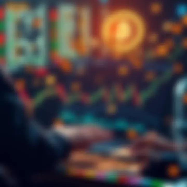 A person analyzing cryptocurrency charts on a laptop, surrounded by digital coins, representing investment in new crypto projects.