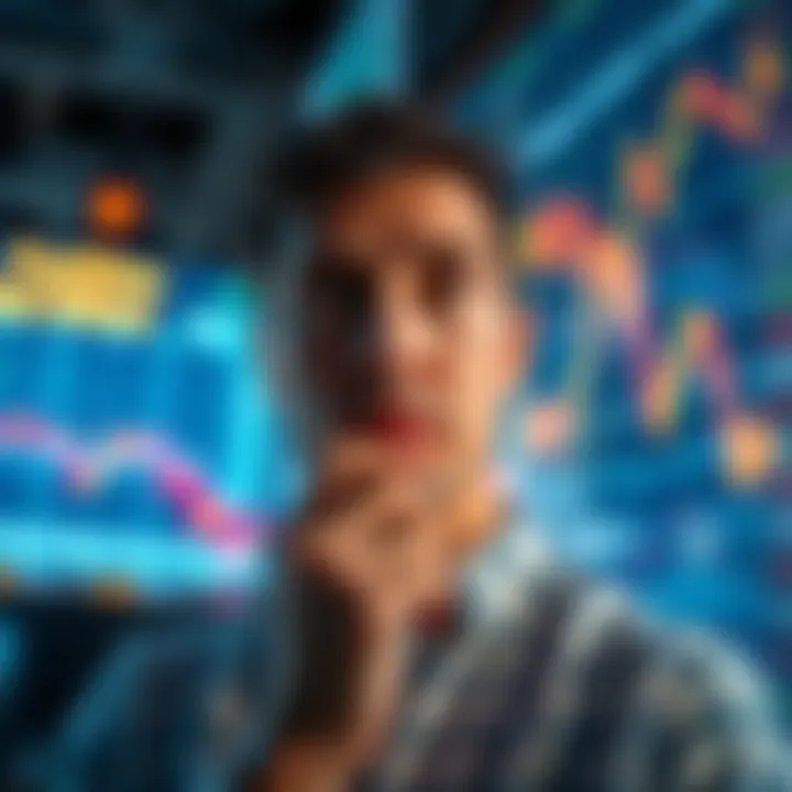 A person looking thoughtfully at a stock market chart while weighing investment options during a downturn