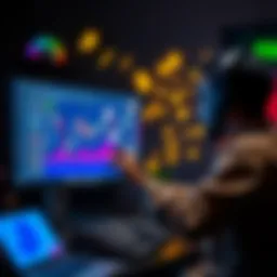 A person analyzing cryptocurrency market trends on a computer screen with digital currency symbols around them