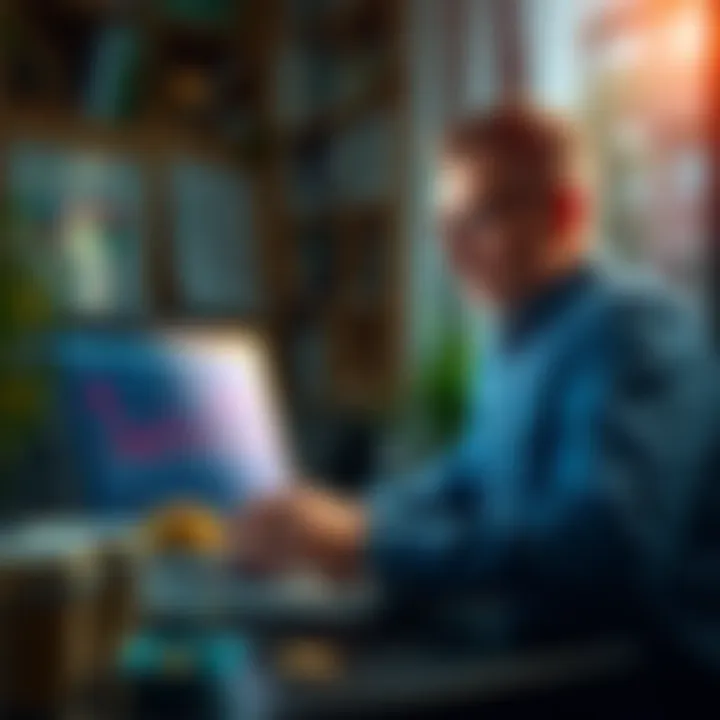 A person examining cryptocurrency trends on a laptop, with charts and graphs visible on the screen, looking thoughtful about their investment journey.
