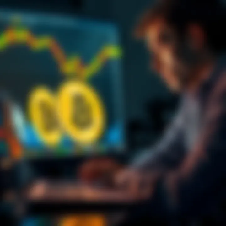 A person anxiously checking cryptocurrency prices on a laptop, with Bitcoin and Ethereum logos visible on the screen.