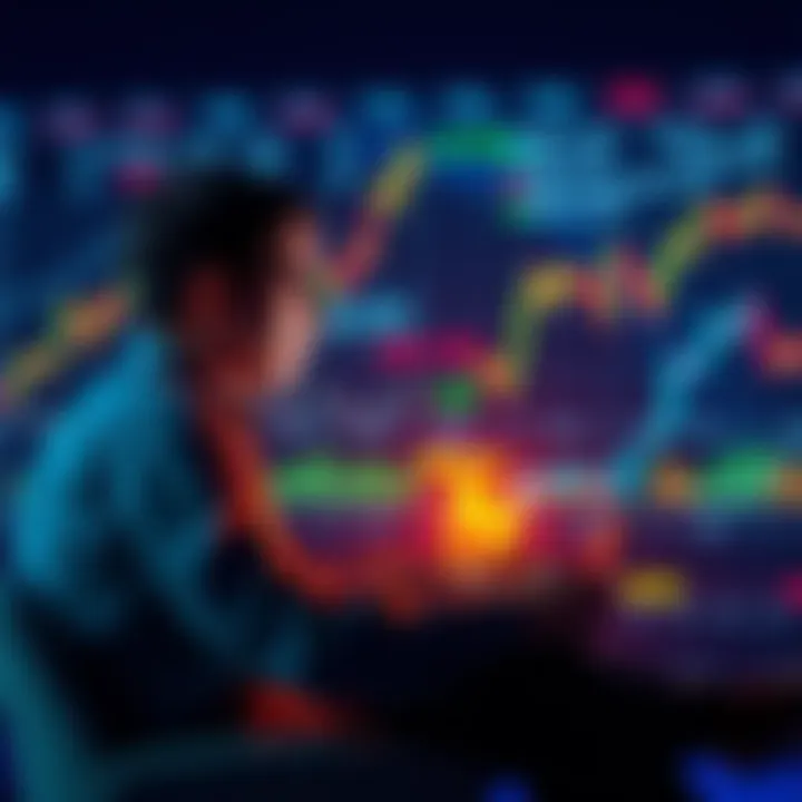 A person calmly analyzing market data on a laptop while graphs show fluctuating investment trends in the background