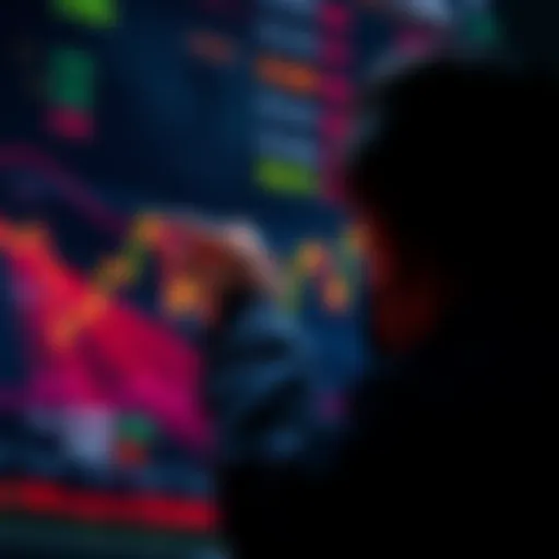 A visual representation of a person looking at a stock market chart with downward trends and dollar signs, contemplating an investment decision during a dip.