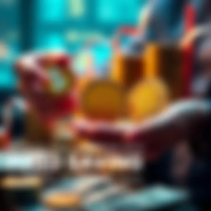 Person holding digital currency symbols representing Stablecoins, SOL, and BTC/XRP, with money growing in the background