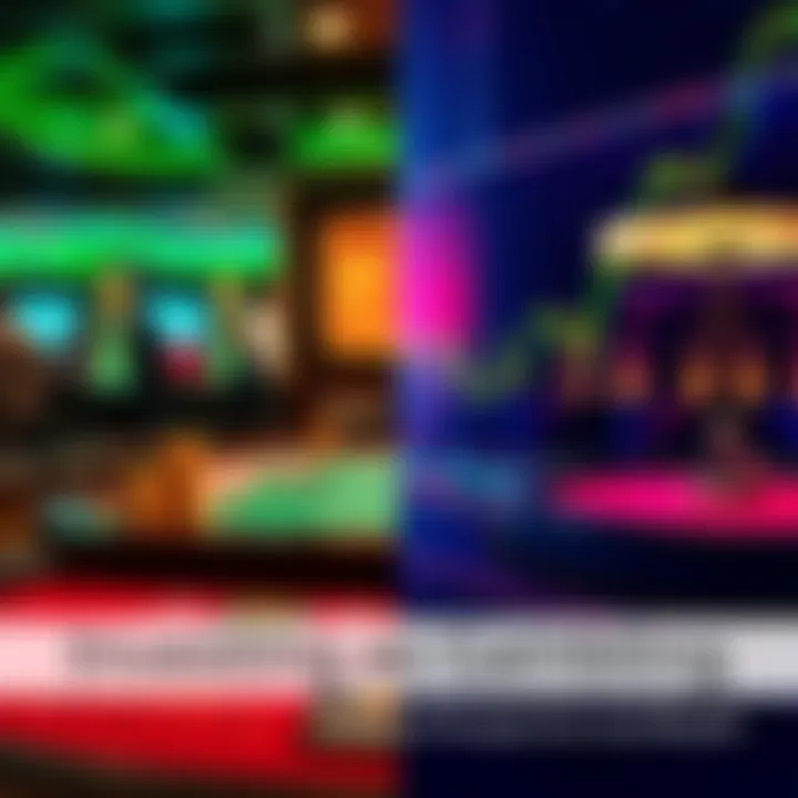 Investing and Gambling Comparison A side-by-side visual of a casino with gambling tables and a stock market chart, illustrating the similarities between investing and gambling.