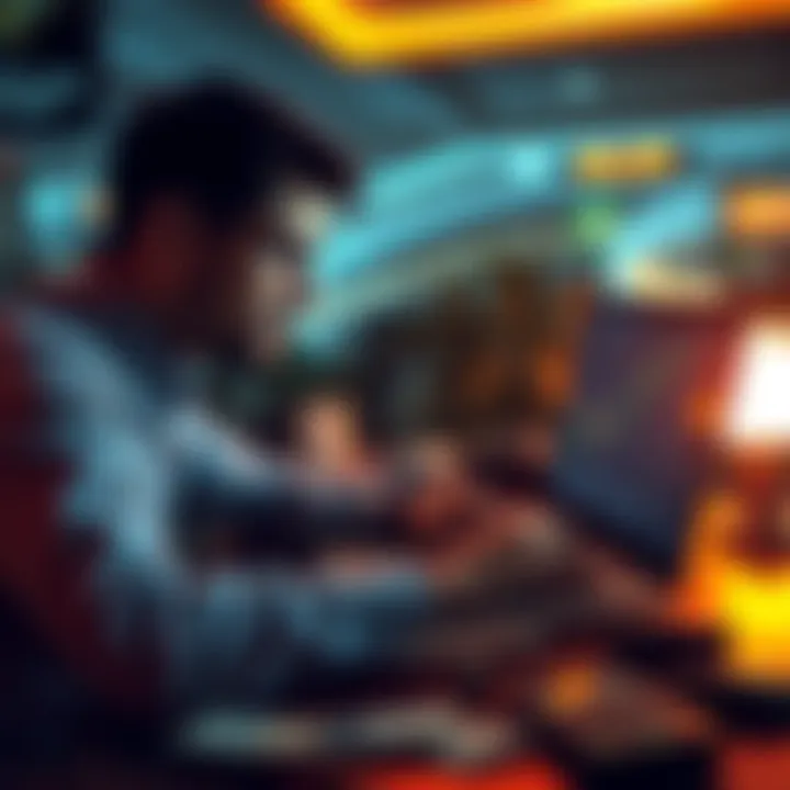 A person looking at a chart on a laptop, contemplating ALGO investment, with dollar bills on the table.