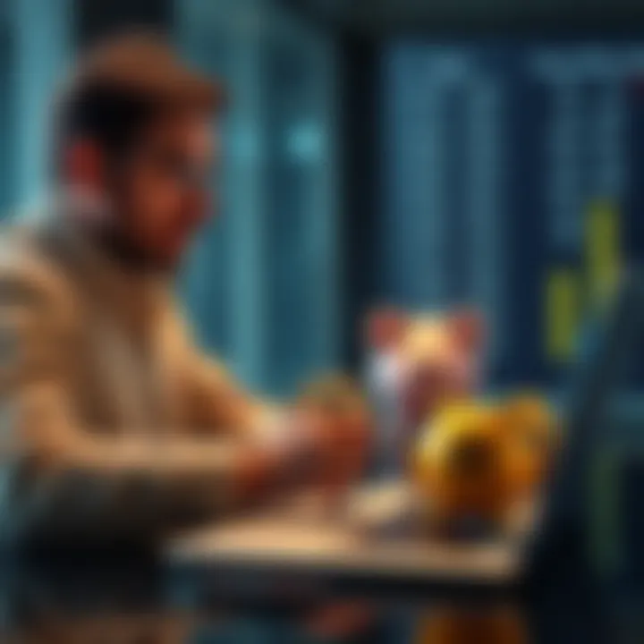 A person making monthly Bitcoin investments with a laptop and a piggy bank in the background