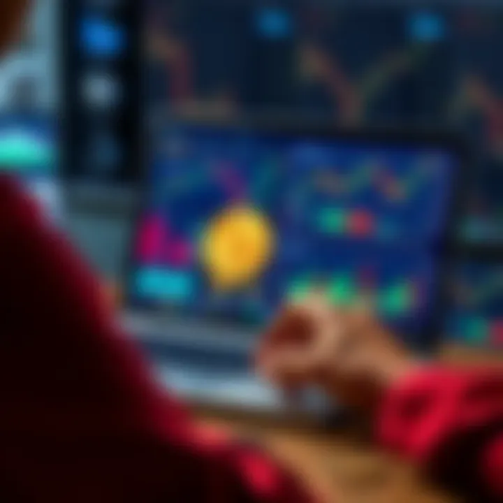 A person analyzing Coinbase investment options on a laptop with financial charts and graphs displayed