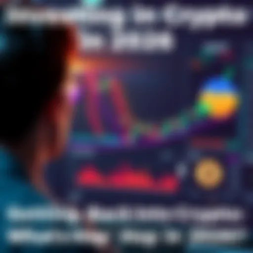 A person looking at a digital screen displaying cryptocurrency trends with various coin logos and charts, representing the current investment scenario in 2026.