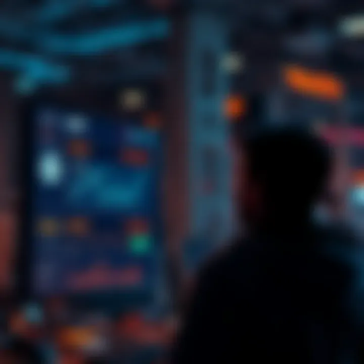 Investing in Cryptocurrencies A person looking at a digital screen showing low cryptocurrency prices for XRP, HBAR, ONDO, and XLM, contemplating investment choices