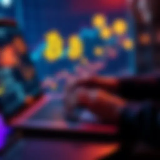 A close-up of a person analyzing cryptocurrency trends on a laptop with Bitcoin and altcoin icons in the background.