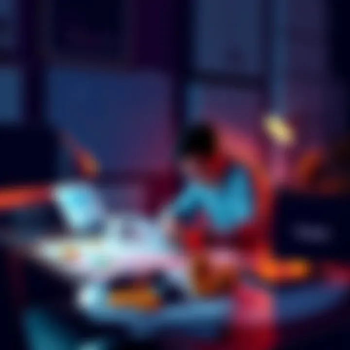 A person planning to invest in Kaspa cryptocurrency at a desk, with charts and financial documents around them.