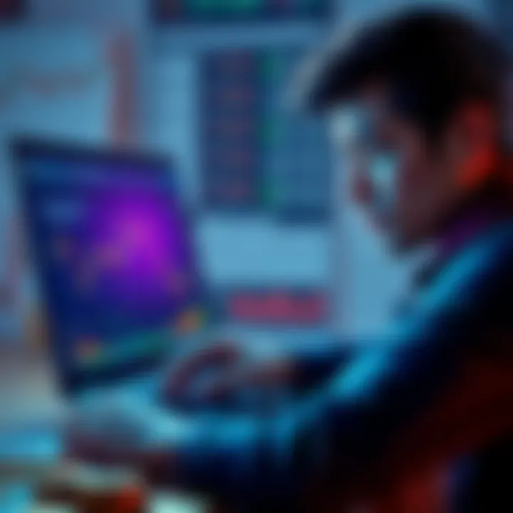 A person looking at a laptop screen displaying cryptocurrency charts and graphs, with a puzzled expression, surrounded by coins and market trend papers.