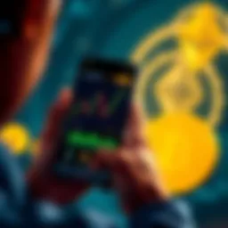 A person holding a smartphone displaying a cryptocurrency graph, with Bitcoin and Ethereum symbols in the background, representing beginner investment strategies.