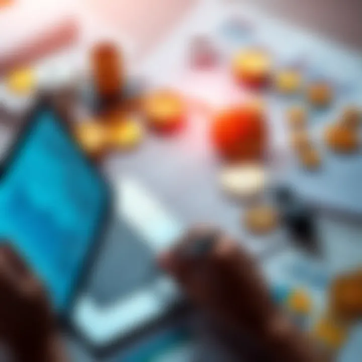 Investing in DeFi A person analyzing financial graphs and charts on a laptop, surrounded by traditional finance documents and cryptocurrency symbols.