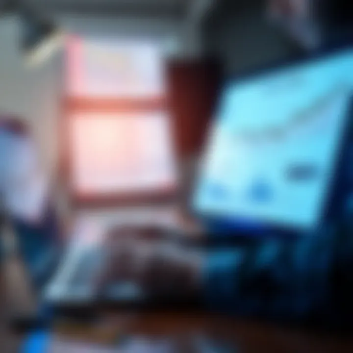 A person analyzing DeFi protocols on a laptop, with graphs and charts showing risk assessment and capital allocation strategies.