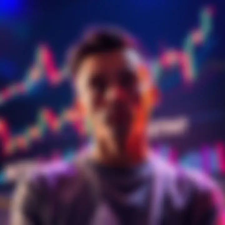 Investing in ETH A person considering buying Ethereum cryptocurrency with a graph showing price trends in the background.