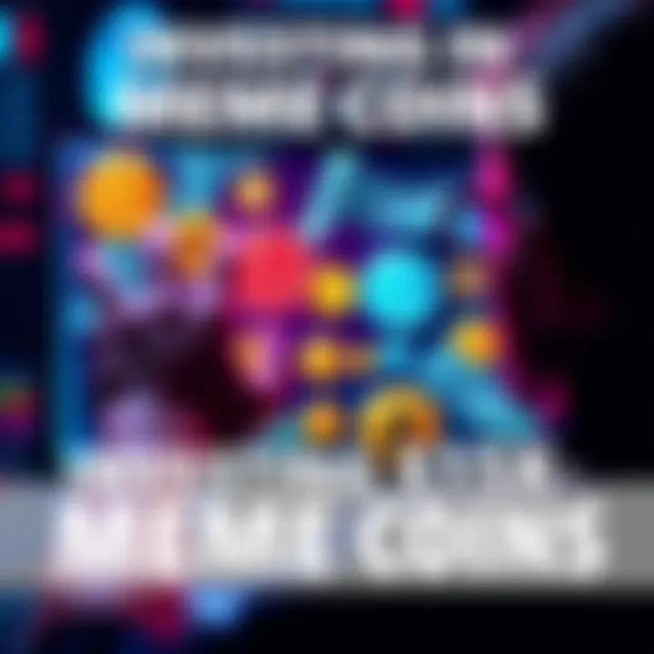 A person examining various meme coins on a digital screen, with dollar bills and coins around them.