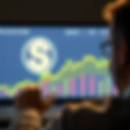 A person looking at a chart showing the price trends of Pi coin, with a dollar sign and a bright future outlook in the background.