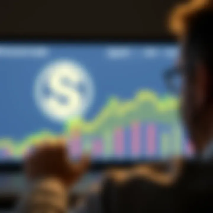 A person looking at a chart showing the price trends of Pi coin, with a dollar sign and a bright future outlook in the background.
