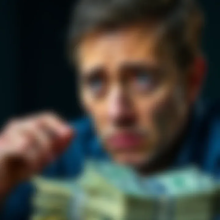 A person looking at a stack of money while questioning the legitimacy of Ponzi schemes, with a worried expression on their face.