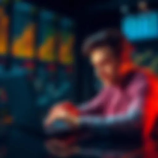A person reviewing financial charts and investment options on a laptop while looking confident and determined.