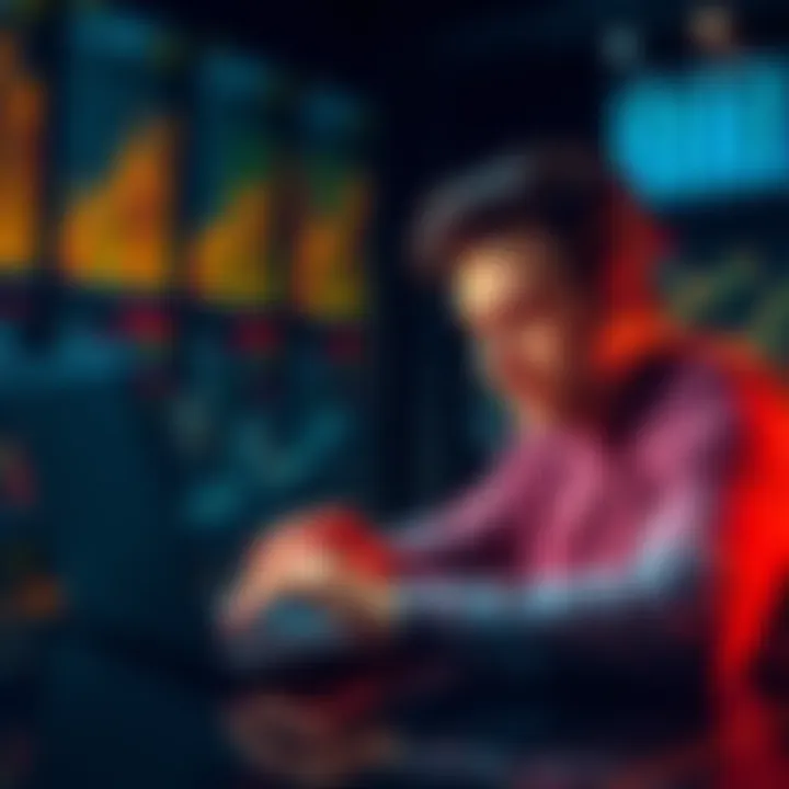 A person reviewing financial charts and investment options on a laptop while looking confident and determined.