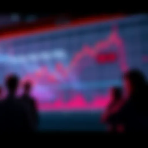 A graphic showing a stock market chart with a downward trend, highlighting a key price point near $0.10 and people considering investing.