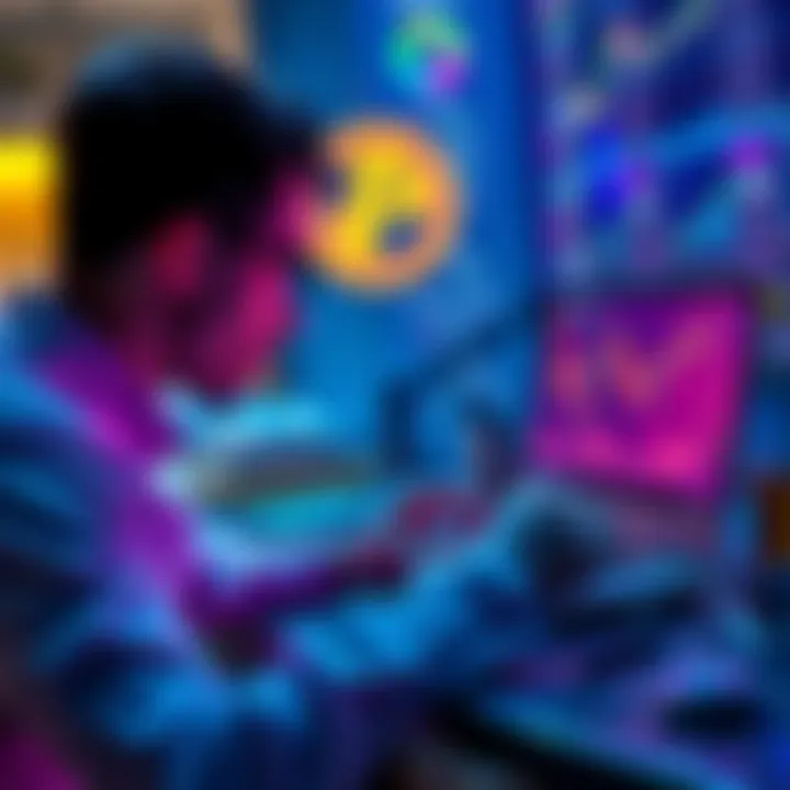Investing in Pi Network Token and Space X A person analyzing financial charts and tokens related to Pi Network and Space X, with a laptop showing market trends.