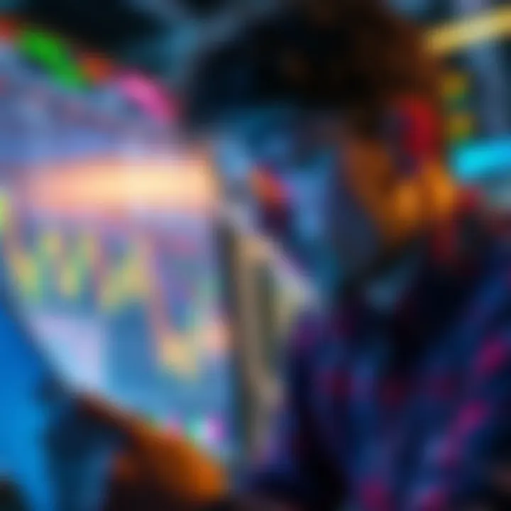 A person analyzing cryptocurrency charts with a focused expression, showing determination to invest wisely during market fear.