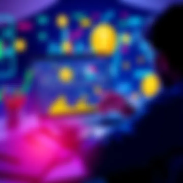 A person analyzing stable coins on a laptop screen with financial graphs and currency symbols in the background